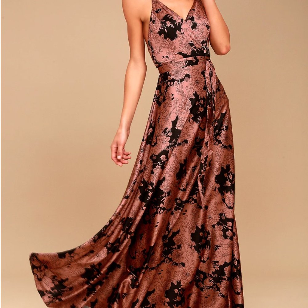 Tea Gardens Rusty Rose Floral Print Satin Maxi Dress
